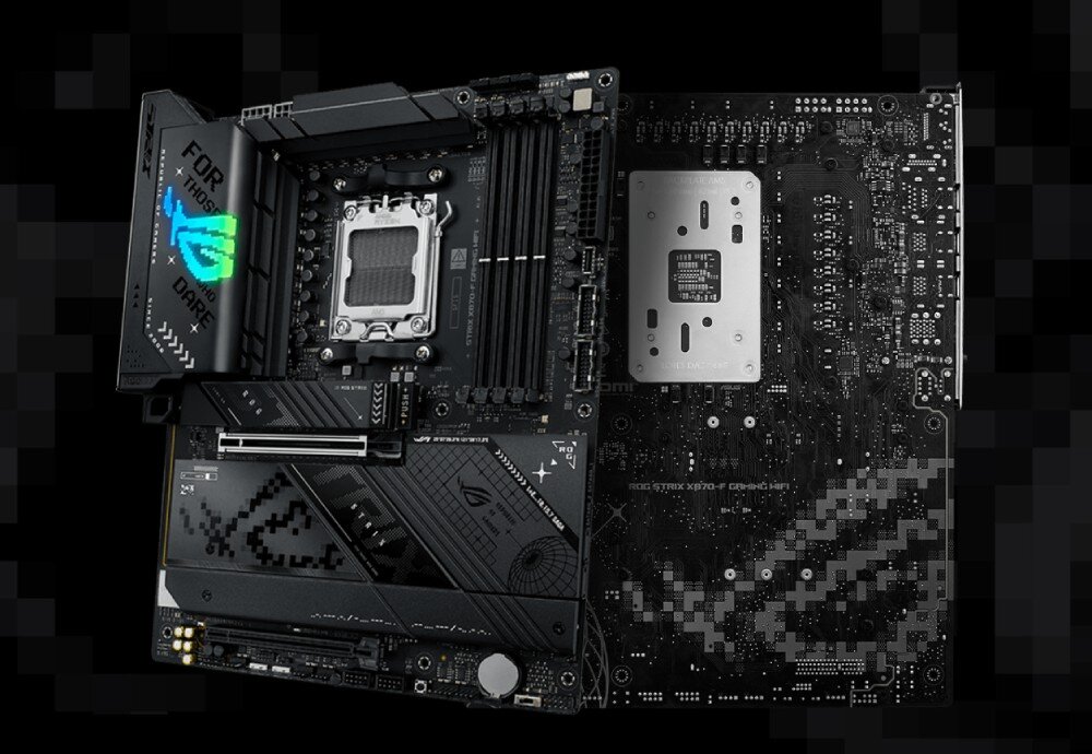 Płyta główna ASUS ROG Strix X870-F Gaming WiFi Widok płyty głównej z przodu i od tyłu pokazujący elementy elektroniczne oraz podświetlany radiator, wygląd, styl, design, kolor