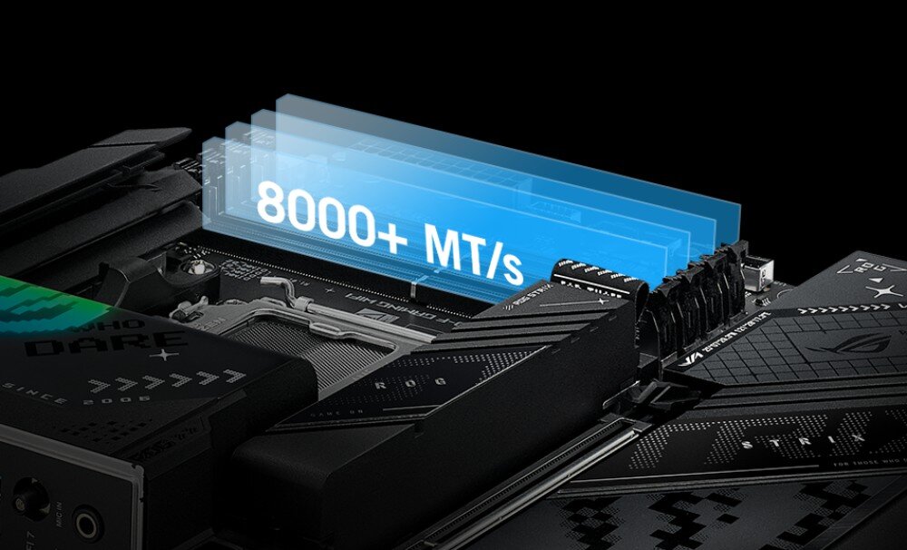 Płyta główna ASUS ROG Strix X870-F Gaming WiFi Zbliżenie na sloty pamięci RAM z napisem '8000+ MT/s' umieszczonym nad nimi, pamięć RAM, sloty DIMM, taktowanie, profile EXPO