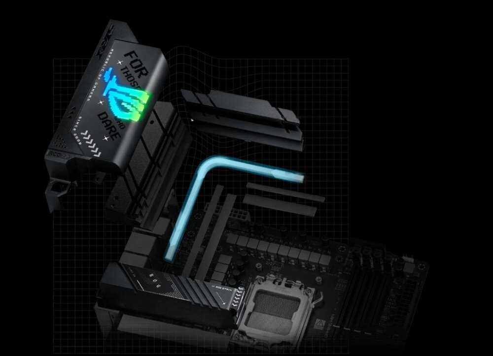Płyta główna ASUS ROG Strix X870-F Gaming WiFi Schematyczny widok płyty głównej z odseparowanymi elementami radiatora i podświetlanym logo, chłodzenie, radiatory, chłodzenie M.2, gniazda wentylatorów