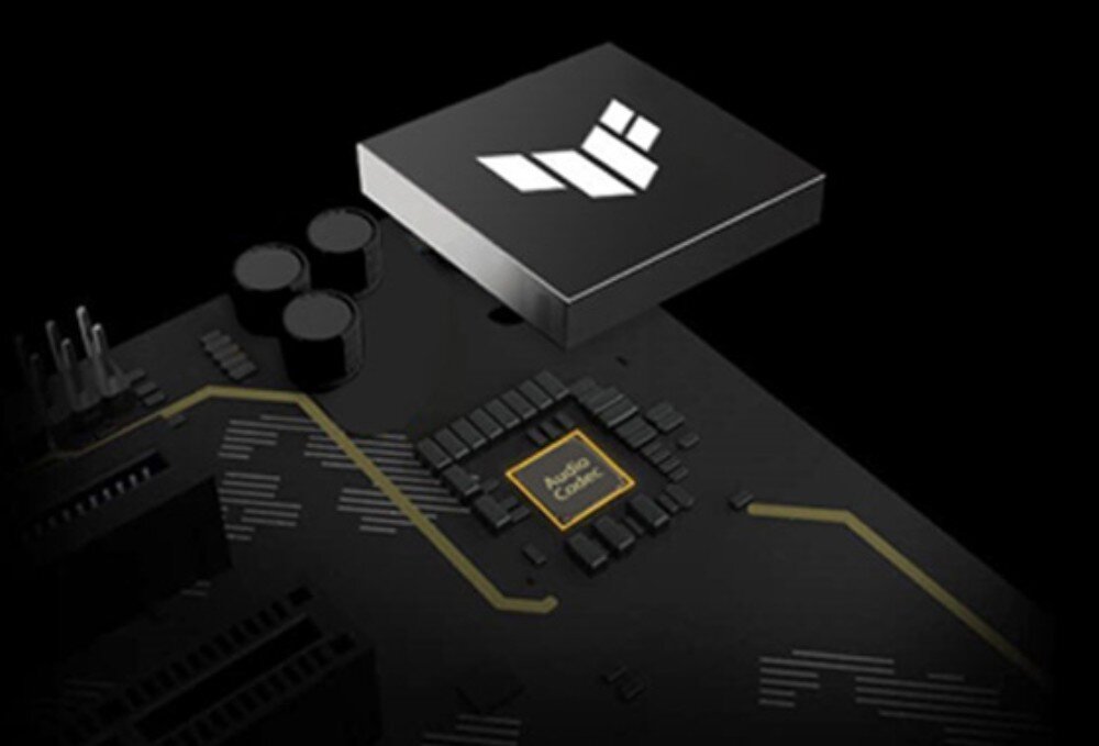 Płyta główna ASUS TUF Gaming X870-Plus WiFi Zbliżenie na układ dźwiękowy na płycie głównej z widocznym złotym elementem i osłoną z geometrycznym logo