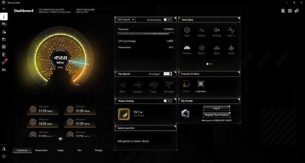Płyta główna ASUS TUF Gaming X870-Plus WiFi Interfejs oprogramowania systemowego z ciemnym tłem wyświetlający parametry pracy procesora oraz opcje sterowania podświetleniem