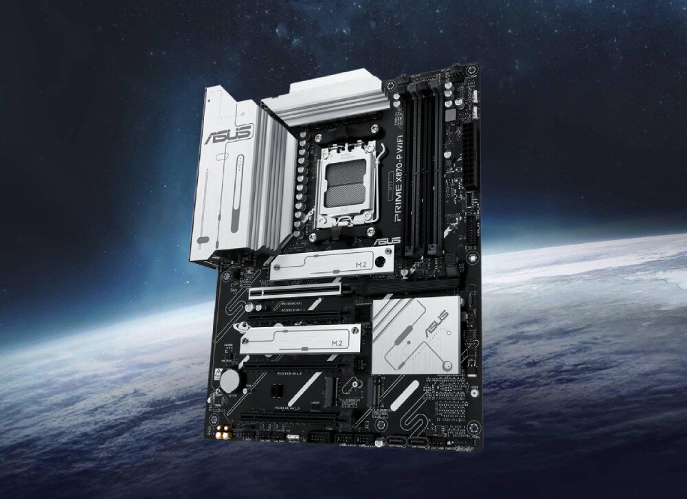 Płyta główna ASUS PRIME X870-P WiFi Czarne tło z widokiem płyty głównej z metalicznymi radiatorami, uniesionej nad powierzchnią planety w tle przypominającym przestrzeń kosmiczną, opis