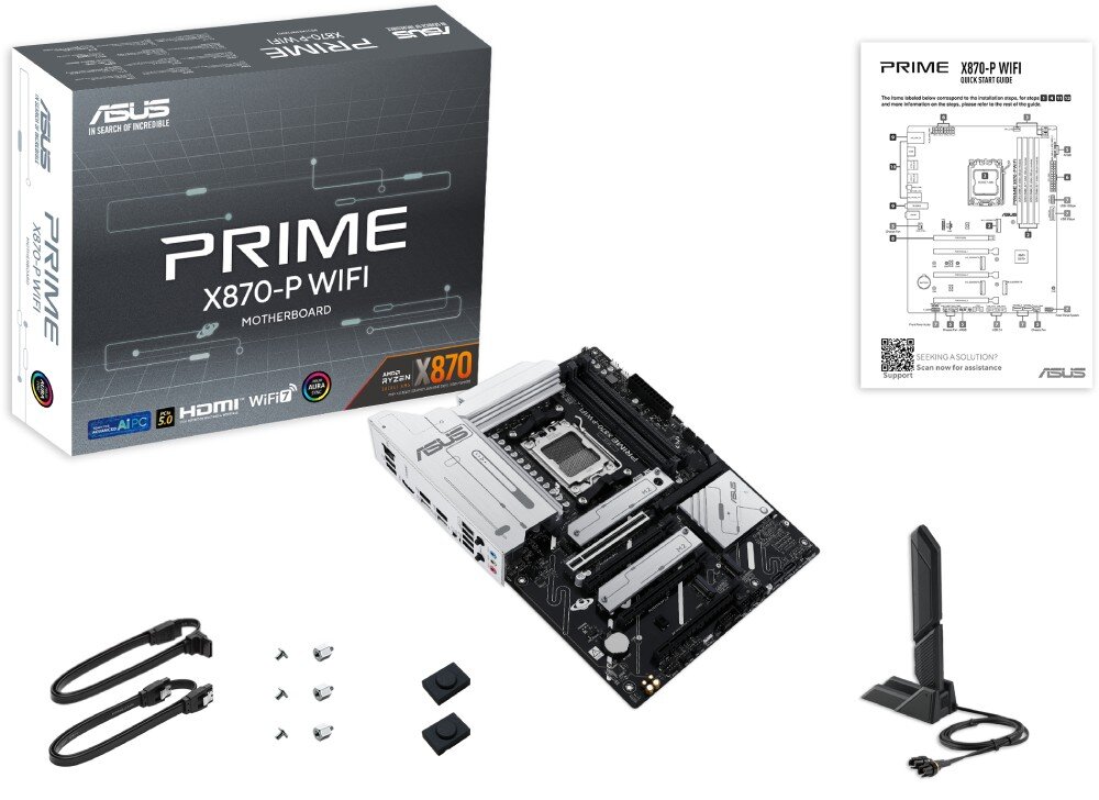 Płyta główna ASUS PRIME X870-P WiFi Zestaw widoczny z góry zawierający płytę główną, opakowanie, antenę Wi-Fi, przewody SATA, śrubki montażowe, dokumentację i akcesoria