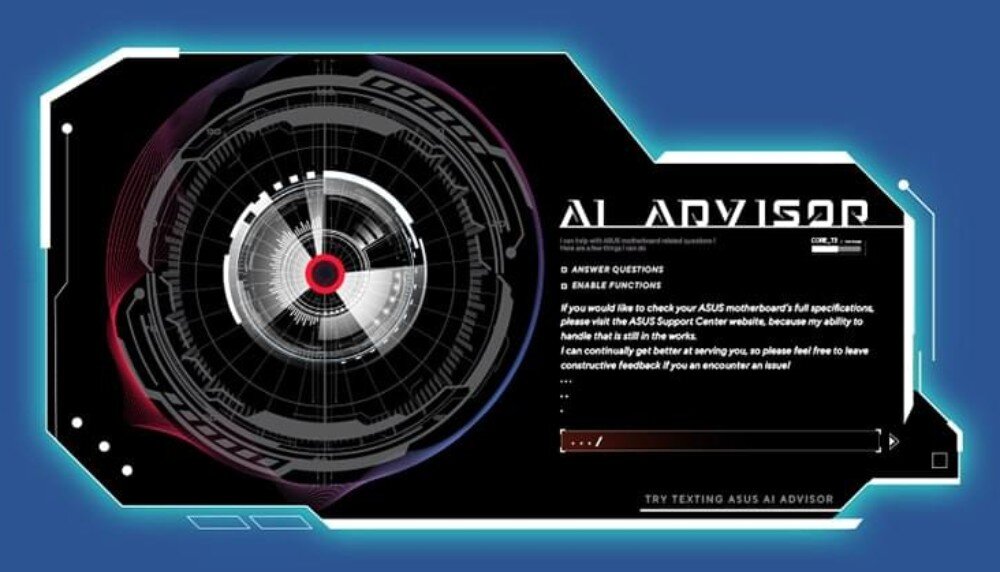 Płyta główna ASUS PRIME X870-P WiFi Grafika przedstawiająca interfejs programu z napisem 'AI Advisor' i centralnym, okrągłym wskaźnikiem w stylu futurystycznym, funkcje, sztuczna inteligencja