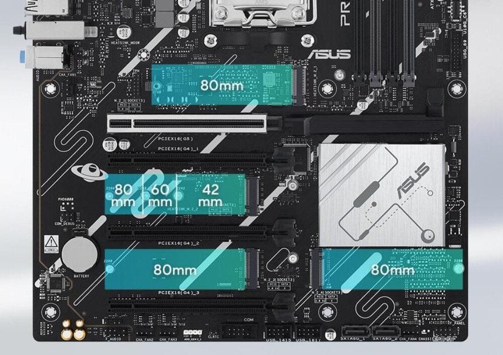 Płyta główna ASUS PRIME X870-P WiFi Dolna część płyty głównej z czterema gniazdami M.2 oznaczonymi wymiarami 80 mm, 60 mm i 42 mm oraz dużym metalicznym radiatorem z logo producenta, gniazda M.2, dyski