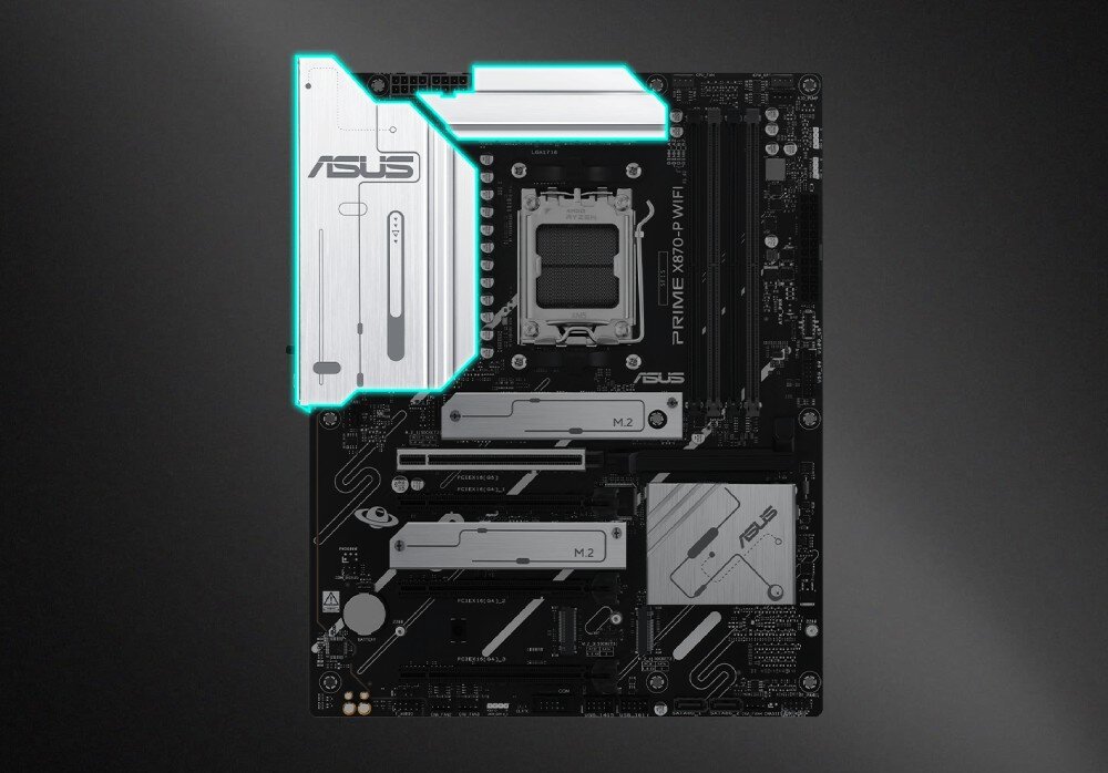 Płyta główna ASUS PRIME X870-P WiFi Widok płyty głównej z zaznaczonym na turkusowo dużym radiatorem sekcji zasilania w lewym górnym rogu, chłodzenie, radiatory, złącza wentylatorów