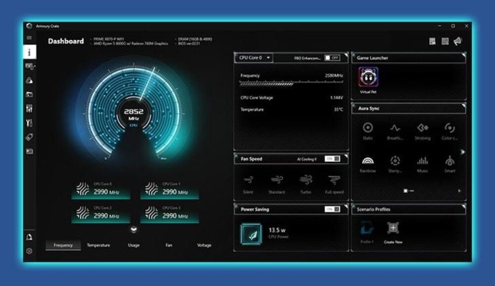 Płyta główna ASUS PRIME X870-P WiFi Zrzut ekranu z programu do zarządzania komputerem pokazujący prędkość procesora, temperaturę, obroty wentylatorów i ustawienia podświetlenia RGB, oprogramowanie, narzędzia