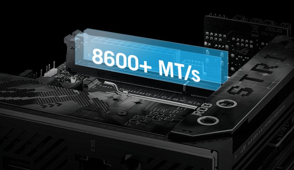 Płyta główna ASUS ROG Strix X870-I Gaming WiFi Zbliżenie na gniazda pamięci RAM z napisem 8600+ MT/s, pamięć DDR5, profile AMD EXPO