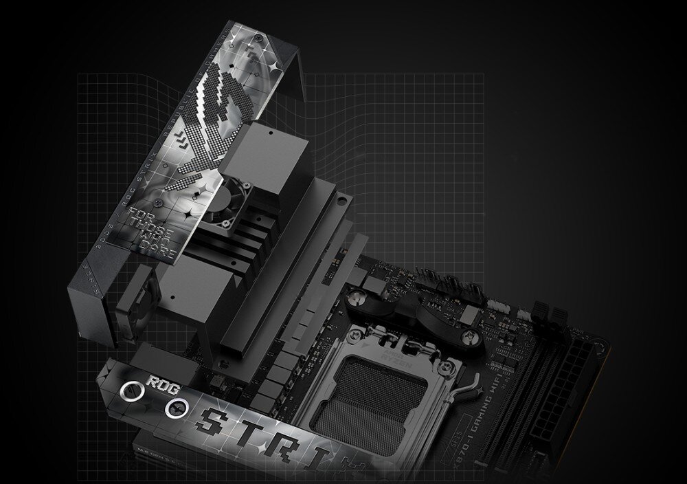 Płyta główna ASUS ROG Strix X870-I Gaming WiFi Rozłożony widok elementów chłodzenia sekcji zasilania i osłony portów, chłodzenie, radiatory, gniazda wentylatorów