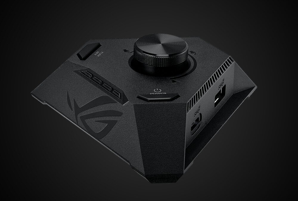 Płyta główna ASUS ROG Strix X870-I Gaming WiFi Czarny moduł sterujący o wielokątnym kształcie z pokrętłem głośności, moduł ROG Strix HIVE II, obsługa, pokrętło, sterowanie