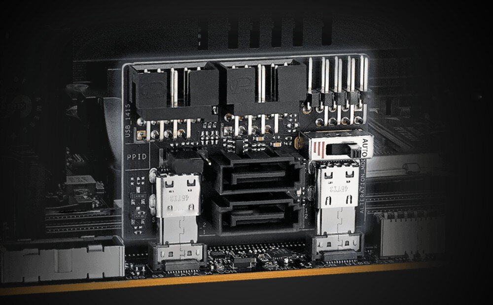 Płyta główna ASUS ROG Strix X870-I Gaming WiFi Pionowa karta rozszerzeń z portami SATA i złączami USB wpięta w płytę, karta rozszerzeń, rozbudowa