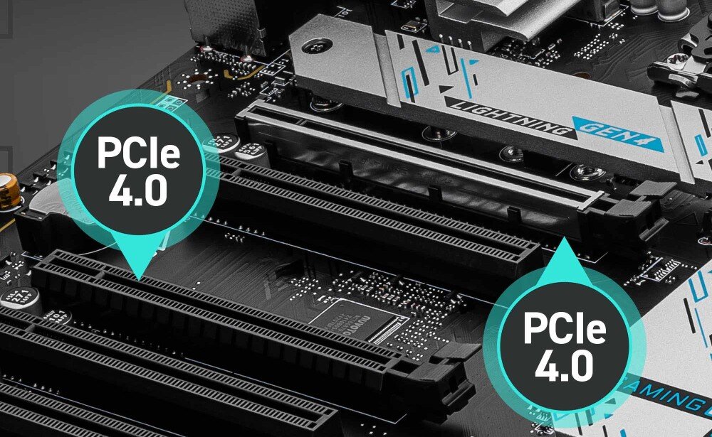 Płyta główna MSI B760 Gaming Plus WiFi DDR4 Fragment płyty z dwoma slotami PCIe oznaczonymi ikonami 'PCIe 4.0', interfejsy PCIe