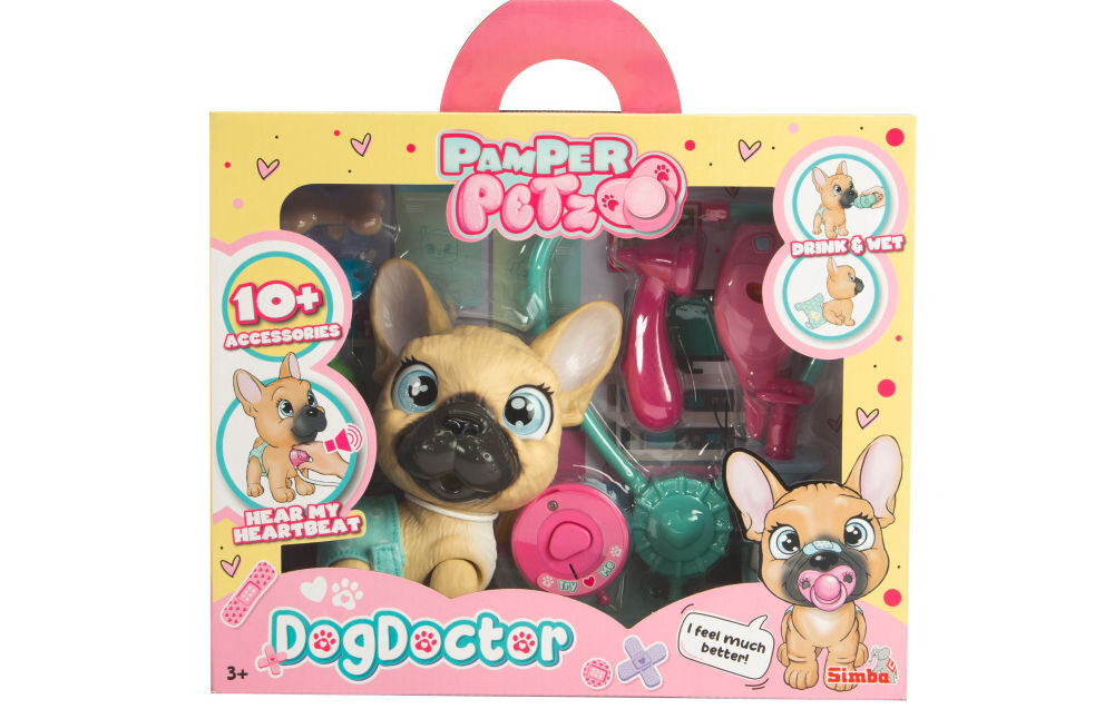 Zestaw weterynarza SIMBA Pamper Petz 105950056 wszystkie niezbędne narzędzia weterynaryjne stetoskop z funkcją bicia serca, 
					obroża kliniczna dla psa, termometr, strzykawka, instrument laryngologiczny, naklejki, kość i wiele więcej pieluszka zmienia kolor
