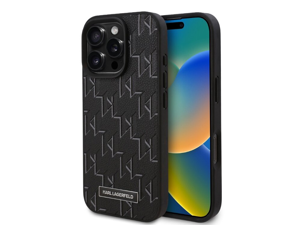 Etui KARL LAGERFELD Leather Monogram Metal Logo MagSafe do Apple iPhone 16 Pro Max Czarny etui krawędzie akcesoria bezpieczeństwo magsafe
