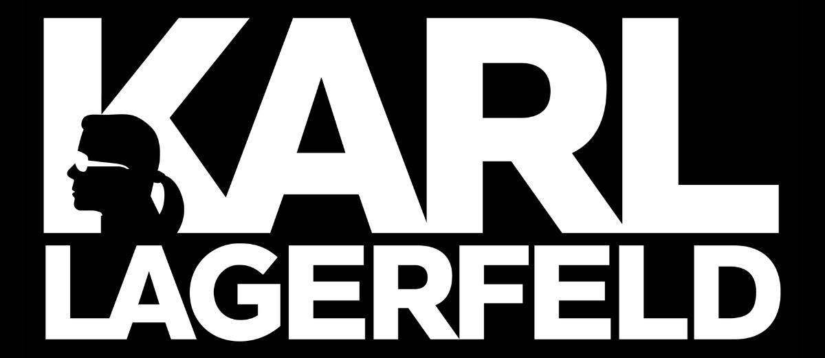 Logo przedstawia napis \'KARL LAGERFELD\' z sylwetką osoby w okularach i kucyku wkomponowaną w literę \'K\'.