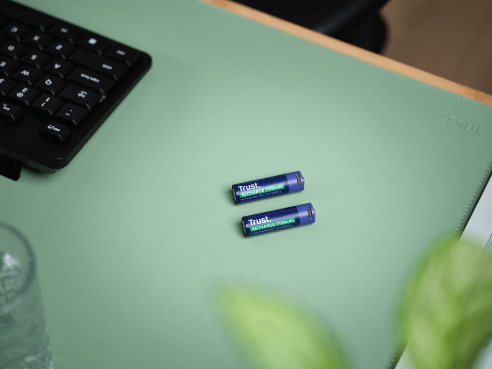 Akumulatorki AA 1700 mAh USB-C TRUST (2 szt.) dwa akumulatorki na zielonej podkładce ładowanie przez usb-c do 800 cykli ładowania nawet do 15 lat