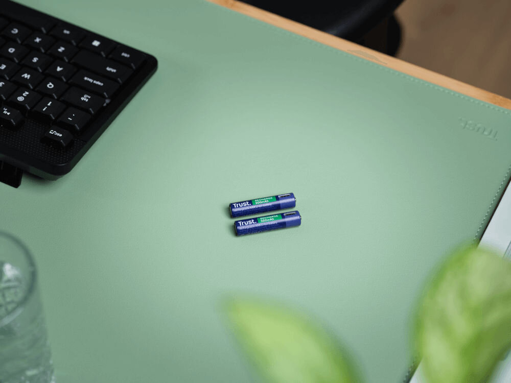 Akumulatorki AAA 500 mAh USB-C TRUST (2 szt.) dwa akumulatorki na zielonej podkładce ładowanie przez usb-c do 800 cykli ładowania nawet do 15 lat