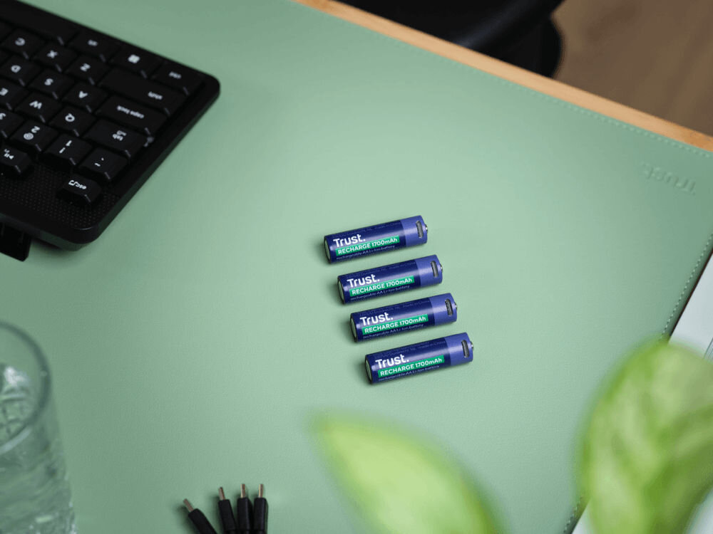 Akumulatorki AA 1700 mAh USB-C TRUST (2 szt.) dwa akumulatorki na zielonej podkładce ładowanie przez usb-c do 800 cykli ładowania nawet do 15 lat