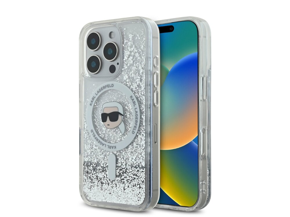 Etui KARL LAGERFELD Liquid Glitter Karl Head MagSafe do Apple iPhone 16 Pro Max Przezroczysty etui krawędzie akcesoria bezpieczeństwo