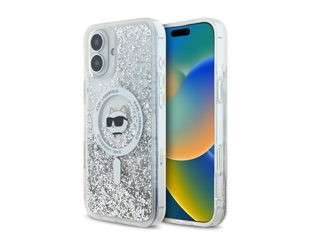 Etui KARL LAGERFELD Liquid Glitter Choupette Head MagSafe do Apple iPhone 16 Przezroczysty etui krawędzie akcesoria bezpieczeństwo