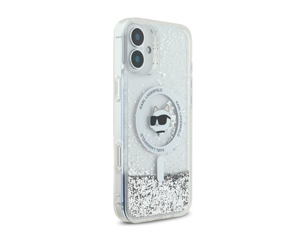 Etui KARL LAGERFELD Liquid Glitter Choupette Head MagSafe do Apple iPhone 16 Przezroczysty brokat motyw styl transparentność magsafe ładowanie