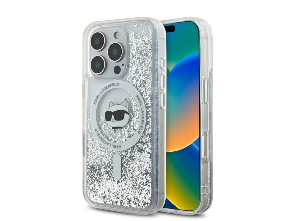 Etui KARL LAGERFELD Liquid Glitter Choupette Head MagSafe do Apple iPhone 16 Pro Max Przezroczysty etui krawędzie akcesoria bezpieczeństwo