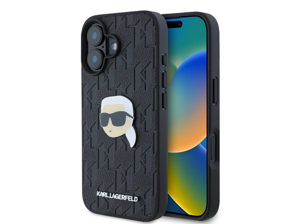 Etui KARL LAGERFELD Monogram Karl Head Pin do Apple iPhone 16 Czarny elegancja styl materiał wzór