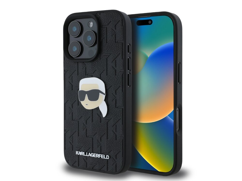 Etui KARL LAGERFELD Monogram Karl Head Pin do Apple iPhone 16 Pro Czarny elegancja styl materiał wzór