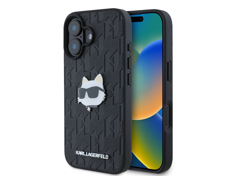 Etui KARL LAGERFELD Monogram Choupette Head Pin do Apple iPhone 16 Czarny elegancja styl materiał wzór
