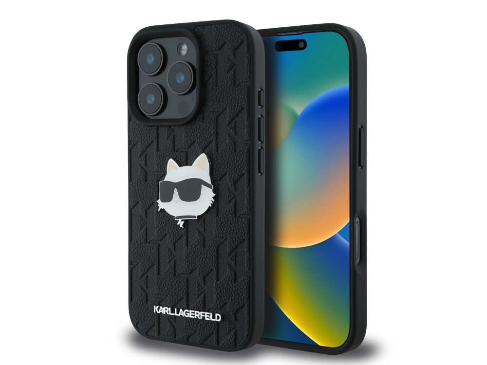 Etui KARL LAGERFELD Monogram Choupette Head Pin do Apple iPhone 16 Pro Czarny elegancja styl materiał wzór