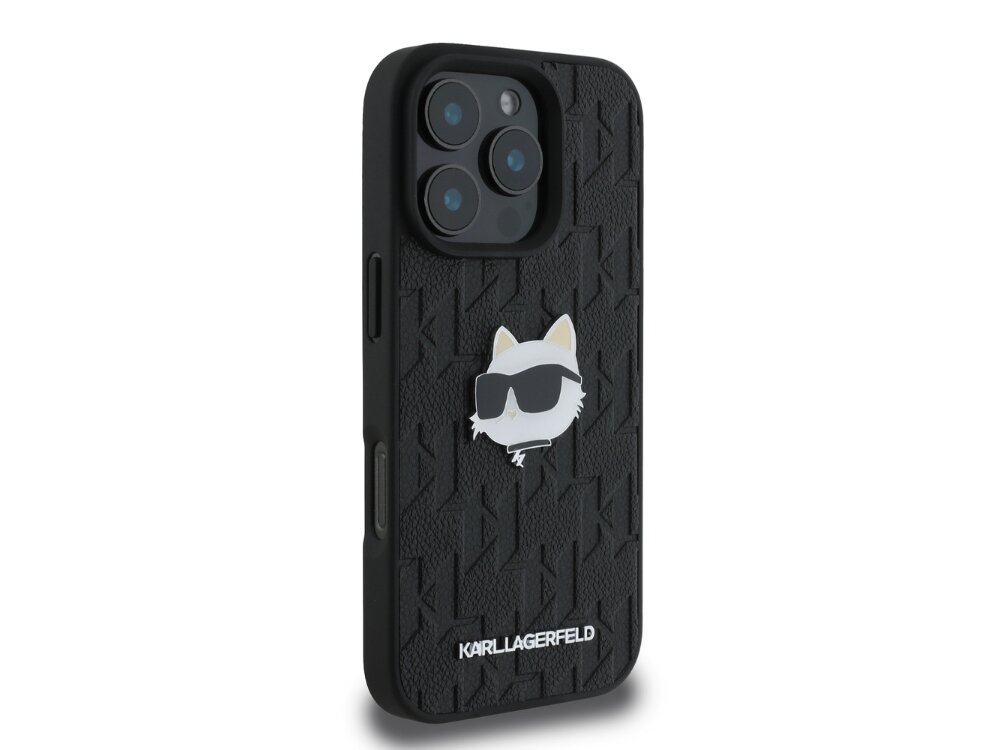 Etui KARL LAGERFELD Monogram Choupette Head Pin do Apple iPhone 16 Pro Czarny monogram detale szyk logo