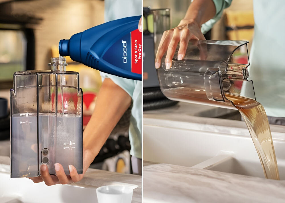 Odkurzacz piorący BISSELL SpotClean Cordless 3681N maksymalna higiena i wygoda dwa oddzielne zbiorniki na brudną i czystą wodę pojemnośc 0,9 l czyszczenie świeżą wodą podniesiony komfort użytkowania