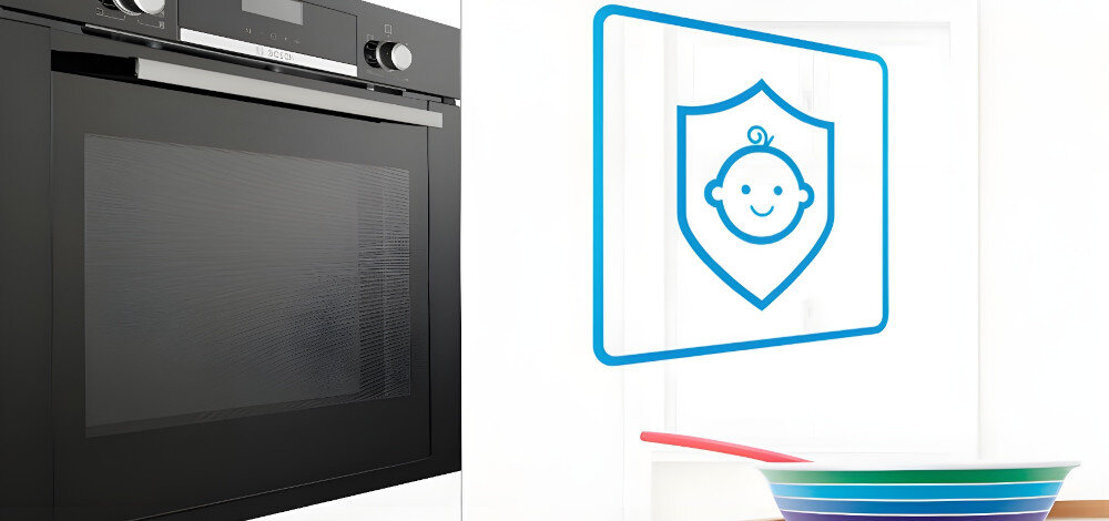 PIEKARNIK BOSCH HBA372EB3 wizualizacja piekarnik zamknięty front panel ikona grafika dziecko zabezpieczenie bezpieczeństwo ochrona dzieci blokada system