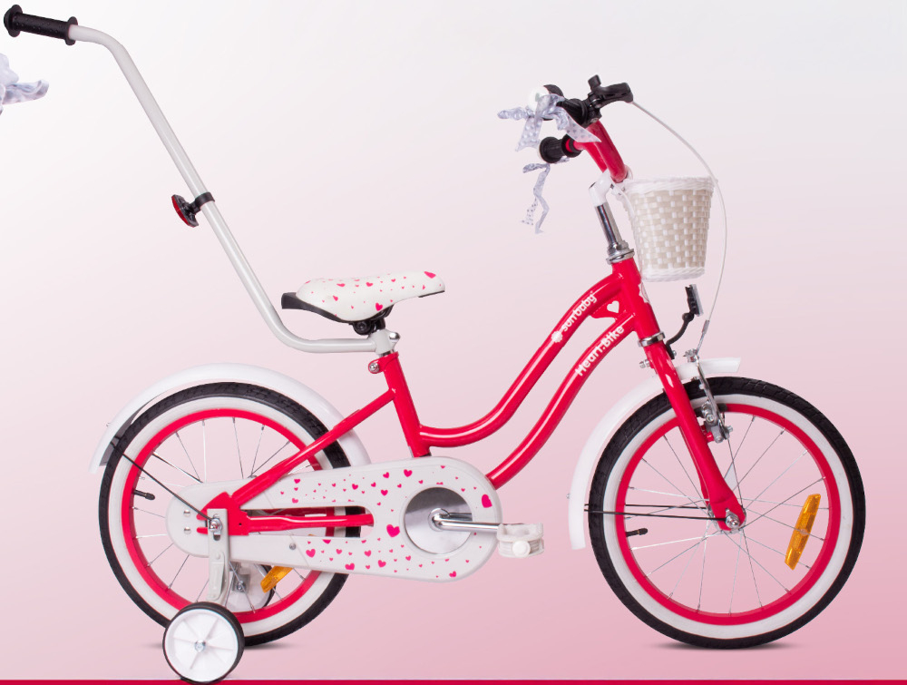 Rower dziecięcy SUN BABY Heart Bike 14 cali dla dziewczynki Malinowy rowerek widoczny z boku zdjęcie na różowym tle pałąk prowadzący dla rodzica szlifowanie umiejętności bezpieczeństwo pełna kontrola nad pojazdem