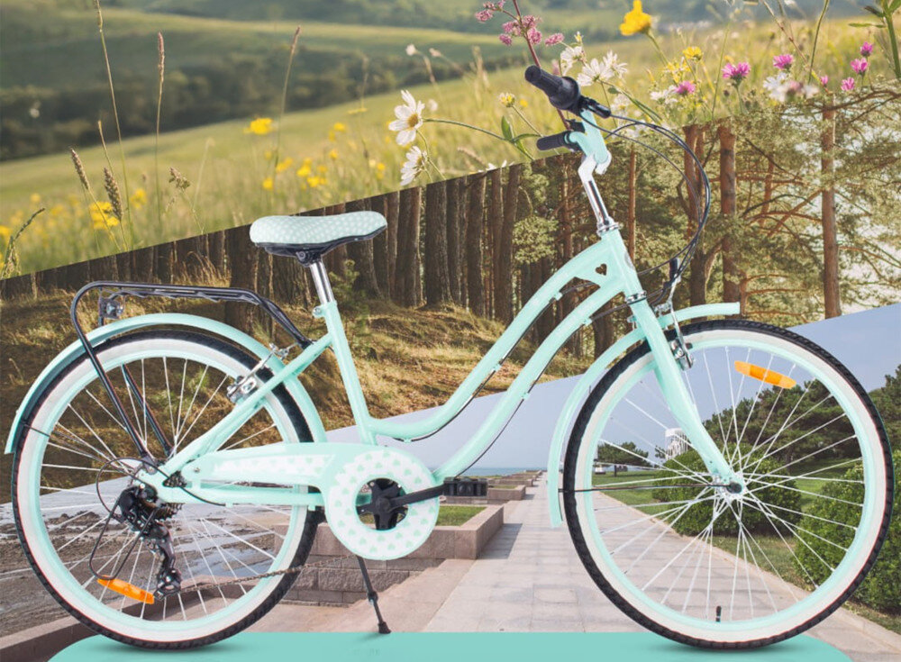 Rower młodzieżowy SUN BABY Heart Bike 24 cale dla dziewczynki Miętowy rower widoczny z boku w tle łąka i kwiaty dla dzieci w wieku od 8 do 12 lat trwałość wytrzymałość mocna konstrukcja