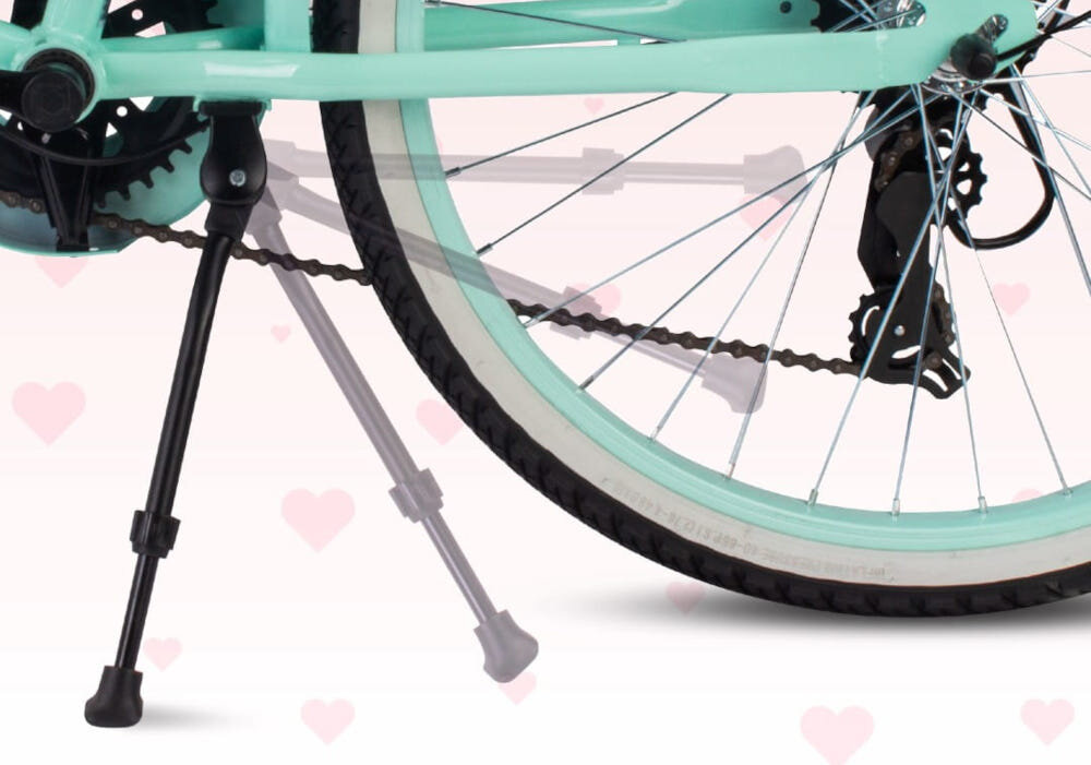 Rower młodzieżowy SUN BABY Heart Bike 24 cale dla dziewczynki Miętowy zbliżenie na stopkę stopka w centralnym punkcie ciężkości reflektory odblaskowe z przodu z tyłu i na szprychach roweru lepsza widoczność na drodze bezpieczeństwo dzwonek