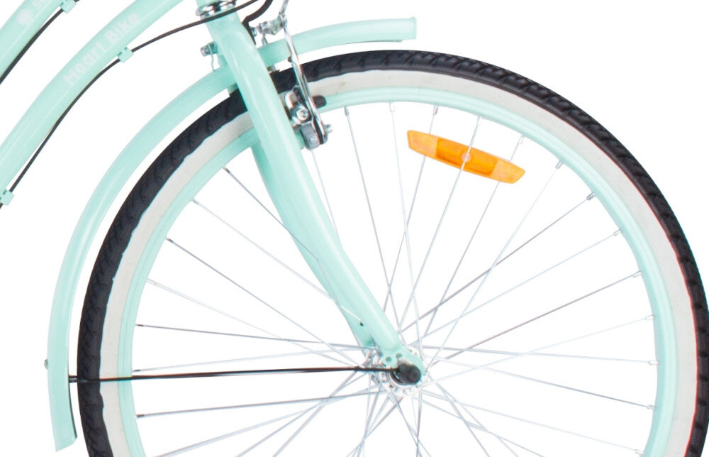 Rower młodzieżowy SUN BABY Heart Bike 24 cale dla dziewczynki Miętowy zbliżenie na przednią oponę zdjęcie na białym tle 24-calowe koła szeroki opony marki RALSON aluminiowe obręcze stabilne trzymanie opony bezpieczna jazda regularne sprawdzanie ciśnienia powietrza wartość na bocznej części opony