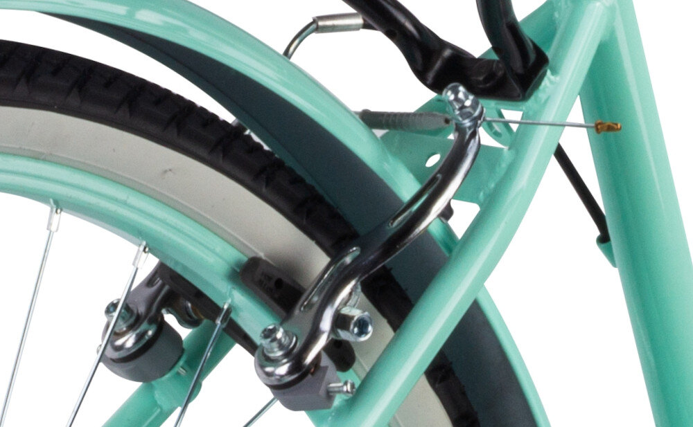 Rower młodzieżowy SUN BABY Heart Bike 24 cale dla dziewczynki Miętowy zbliżenie na tylny hamulec zdjęcie na białym tle podstawa bezpieczeństwa hamulce V-Brake lekkie duża siła hamowania hamulce z przodu i z tyłu podwójny pakiet bezpieczeństwa dźwignie umieszczone na manetkach