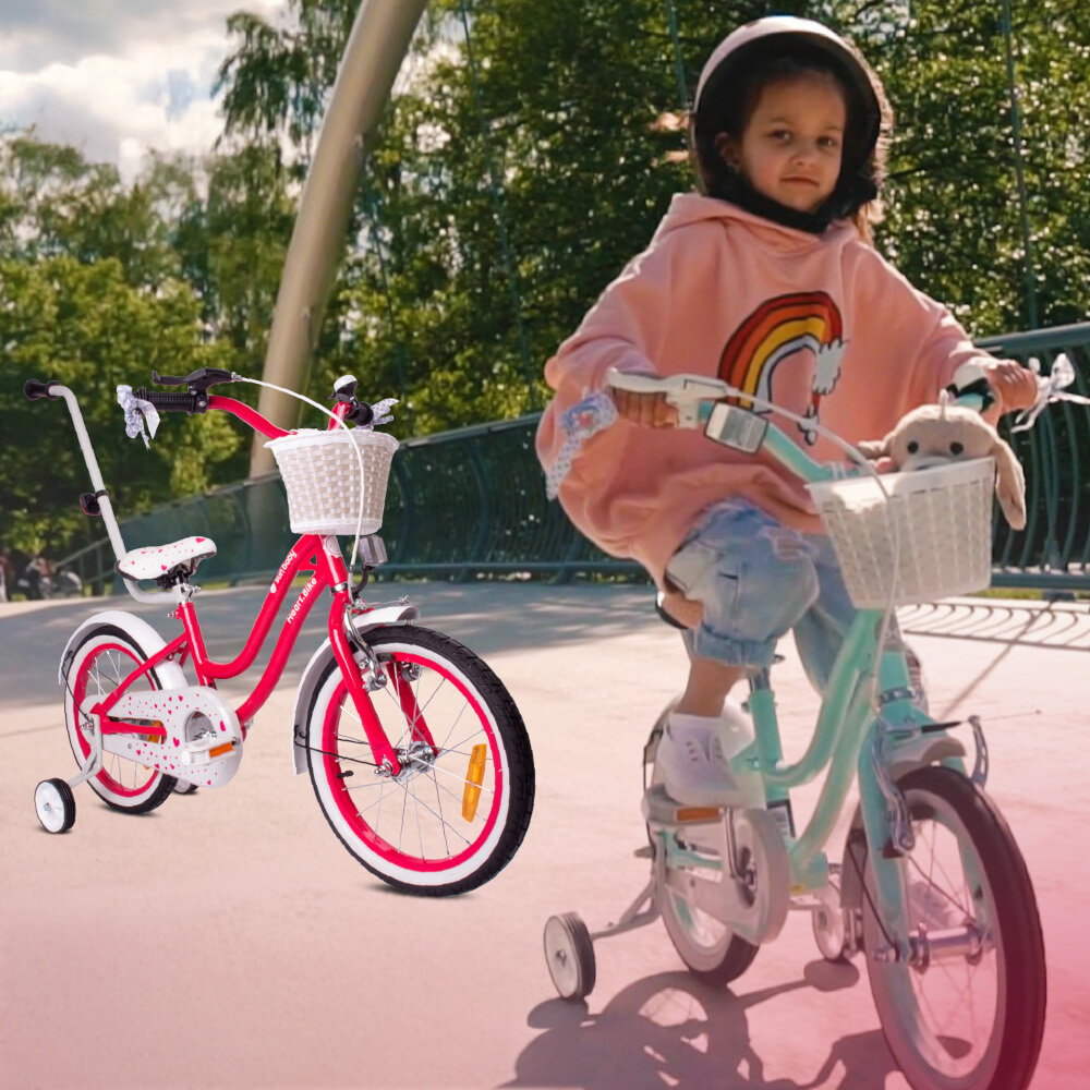 Rower dziecięcy SUN BABY Heart bike 16 cali dla dziewczynki Malinowy dziecko jedzie na rowerku po drodze w tle miniatura rowerka i drzewa odpowiednio wyselekcjonowane materiały stalowa 9,5-calowa rama dostosowana do najmłodszych geometria ponadprzeciętna odporność na uszkodzenia mechaniczne i działanie czynników zewnętrznych wybór rozmiaru ramy Twój wzrost mierzony w zrelaksowanej pozycji typ