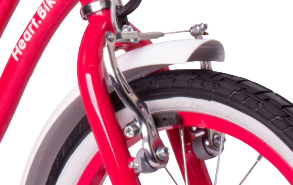 Rower dziecięcy SUN BABY Heart bike 16 cali dla dziewczynki Malinowy zbliżenie na przedni hamulec zdjęcie na białym tle podstawa bezpieczeństwa przedni hamulec V-Brake tylny hamulec nożny Torpedo lekkie duża siła hamowania reflektory odblaskowe na szprychach dobra widoczność na drodze bezpieczeństwo