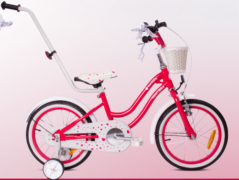 Rower dziecięcy SUN BABY Heart bike 16 cali dla dziewczynki Malinowy rowerek widoczny z boku zdjęcie na różowym tle pałąk prowadzący dla rodzica szlifowanie umiejętności bezpieczeństwo pełna kontrola nad pojazdem