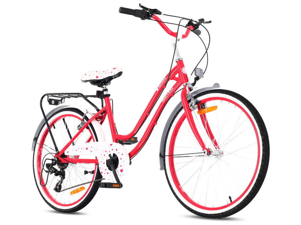 Rower młodzieżowy SUN BABY Heart Bike 24 cale dla dziewczynki Fuksjowy rower widoczny od przodu pod skosem zdjęcie na białym tle dla dzieci w wieku od 8 do 12 lat o maksymalnej wadze do 80 kg trwałość wytrzymałość mocna konstrukcja