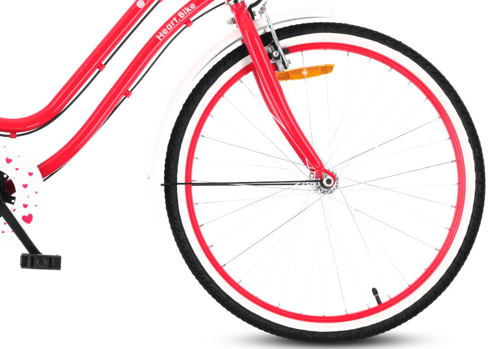 Rower młodzieżowy SUN BABY Heart Bike 24 cale dla dziewczynki Fuksjowy zbliżenie na przednią oponę zdjęcie na białym tle 24-calowe koła szerokie opony marki RALSON aluminiowe obręcze stabilne trzymanie opony bezpieczna jazda regularne sprawdzanie ciśnienia powietrza wartość na bocznej części opony