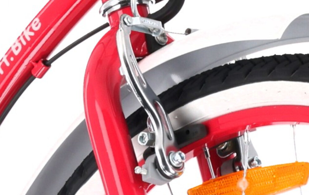 Rower młodzieżowy SUN BABY Heart Bike 24 cale dla dziewczynki Fuksjowy zbliżenie na przedni hamulec zdjęcie na białym tle podstawa bezpieczeństwa hamulce V-Brake lekkie duża siła hamowania hamulce z przodu i z tyłu podwójny pakiet bezpieczeństwa dźwignie umieszczone na manetkach