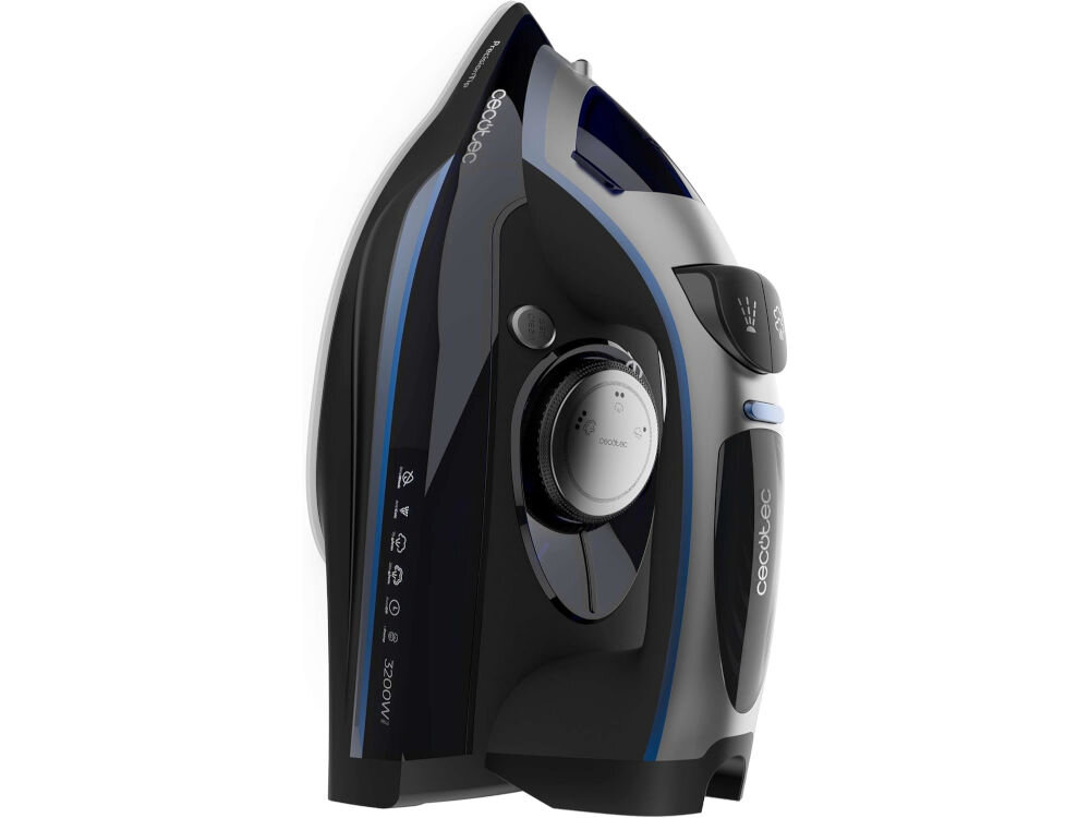 Żelazko CECOTEC IronHero 3200 I-Pump Anodized białe tło żelazko w pozycja pionowej pokrętło przyciski granatowo czarna obudowa System antywapienny Cyclo Clean dłuższa żywotność żelazka zapobieganie osadzaniu się kamienia wewnętrzna filtracja wydajność na dłużej niezmienna moc