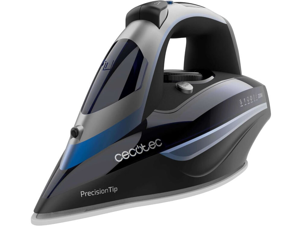 Żelazko CECOTEC IronHero 3200 I-Pump Anodized białe tło żelazko czarno granatowe pokrętło przyciski Smart Auto OFF automatyczne wyłączanie żelazka w pozycji poziomej i pionowej spokój ducha Praktyczność i bezpieczeństwo dbanie o użytkownika i dom