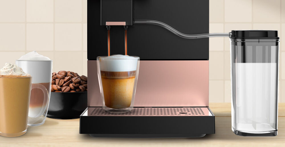 Ekspres CECOTEC Cremmaet Compactccino Connected Black Rose wymiary 19 x 40 x 32 cm moc 1350 W osobisty barista doskonała kawa prosta intuicyjna obsługa jedno kliknięcie espresso cappuccino latte macchiato napoje dostępne na wyciągnięcie ręki niezwykła wygoda