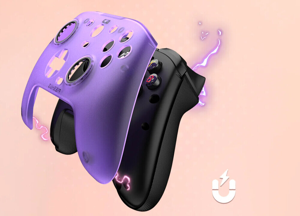 wibracje kontroler gaming immersja gry Prezentacja magnetycznej obudowy kontrolera GameSir – fioletowy panel przedni oddzielający się od czarnego korpusu urządzenia