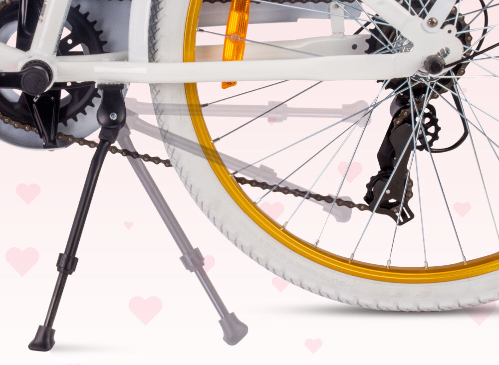 Rower młodzieżowy SUN BABY Heart Bike 24 cale dla dziewczynki Biało-złoty zbliżenie na stopkę stopka w centralnym punkcie ciężkości reflektory odblaskowe z przodu z tyłu i na szprychach roweru lepsza widoczność na drodze bezpieczeństwo dzwonek