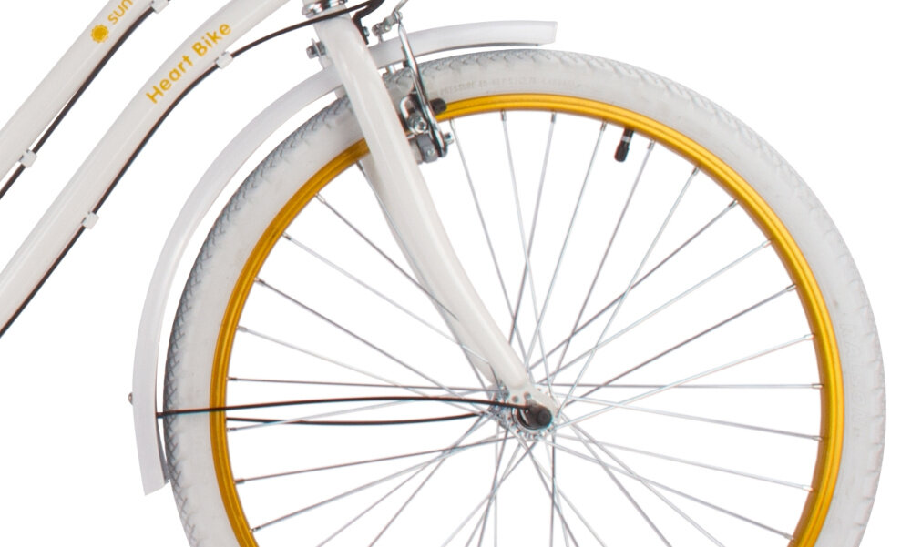 Rower młodzieżowy SUN BABY Heart Bike 24 cale dla dziewczynki Biało-złoty zbliżenie na przednią oponę zdjęcie na białym tle 24-calowe koła szeroki opony marki RALSON aluminiowe obręcze stabilne trzymanie opony bezpieczna jazda regularne sprawdzanie ciśnienia powietrza wartość na bocznej części opony